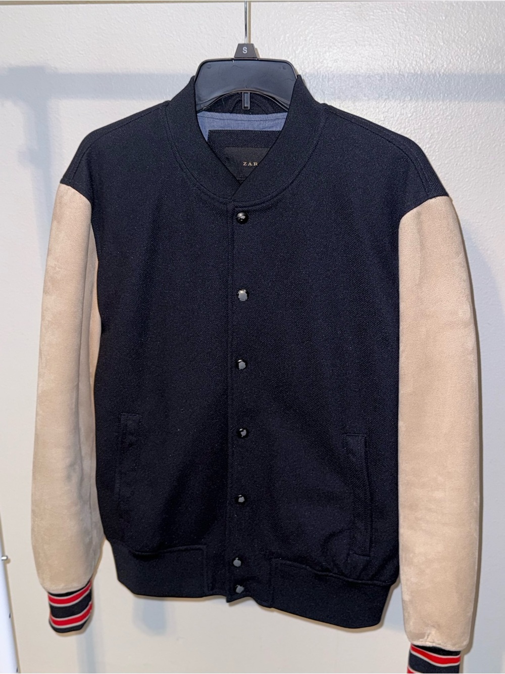 Zara Navy Blue Bomber Jacket with Beige Sleeves